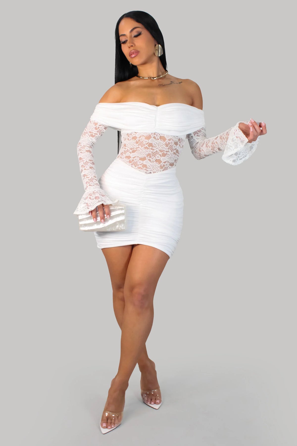 Luxe Lace Illusion Off-Shoulder Mini Dress - White