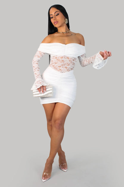 Luxe Lace Illusion Off-Shoulder Mini Dress - White