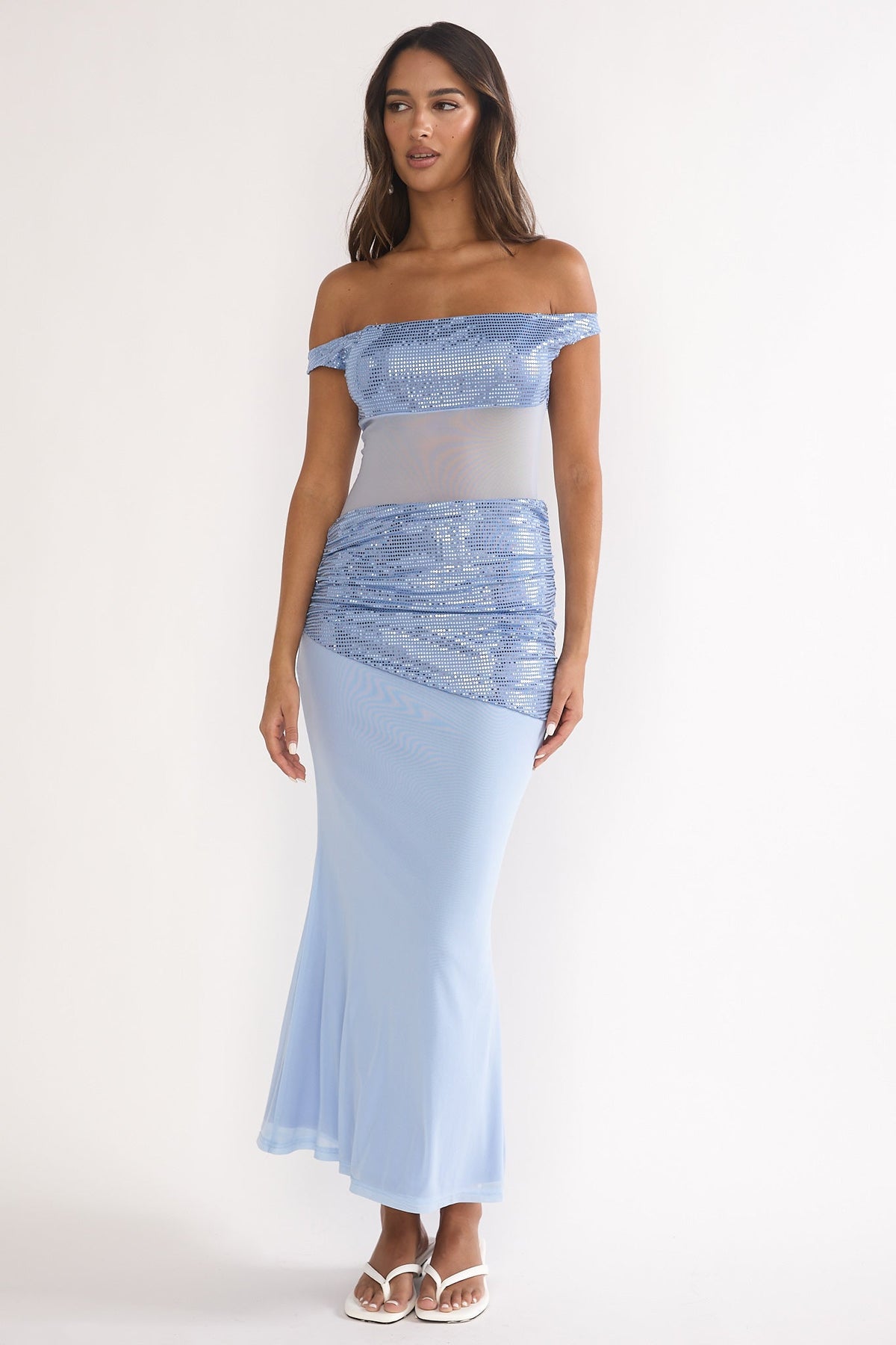Bellora Off-Shoulder Sequin Trim Maxi Dress Blue