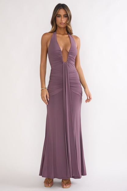 Brienna Halter Ruched Maxi Dress Mauve