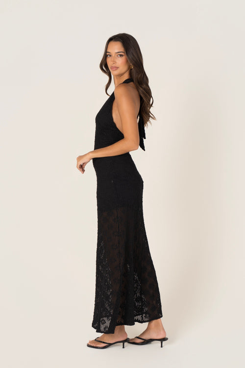 Myla Black Halter Neck Lace Maxi Dress
