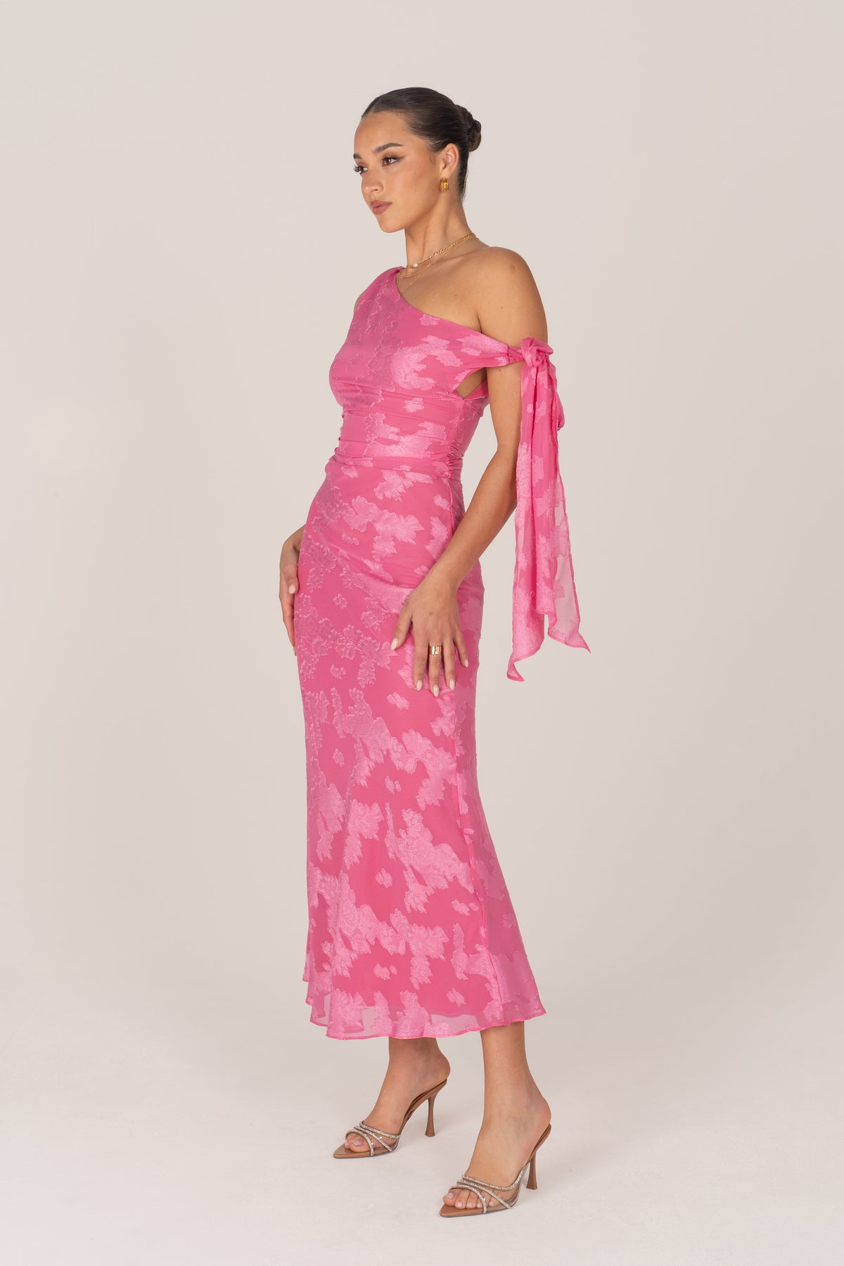 Olympia Asymmetrical Pink Drop-Shoulder Maxi with Tie