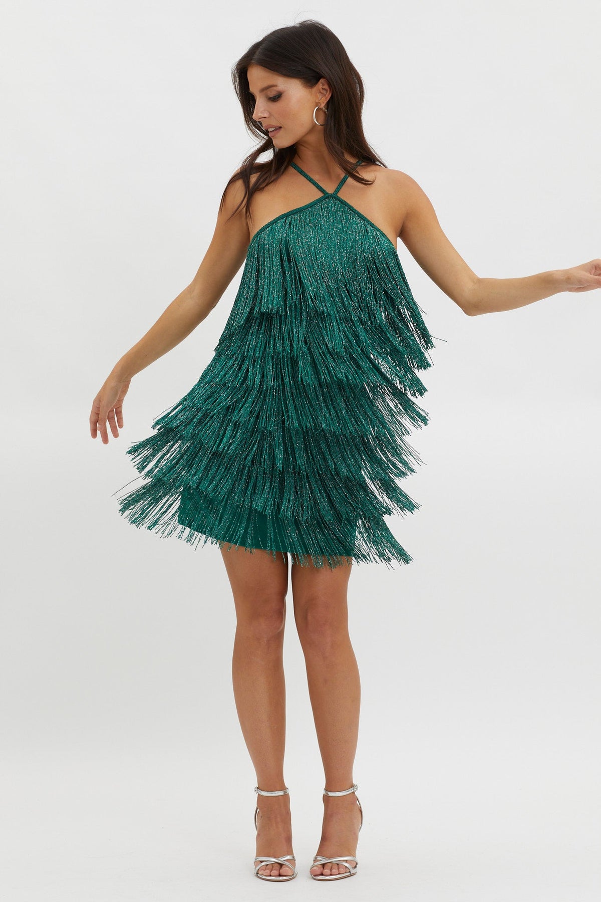 Boulevarde Fringe Trim Mini Dress Dark Green