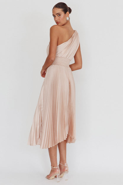 Calissa One Shoulder Pleated Midi Dress Champagne