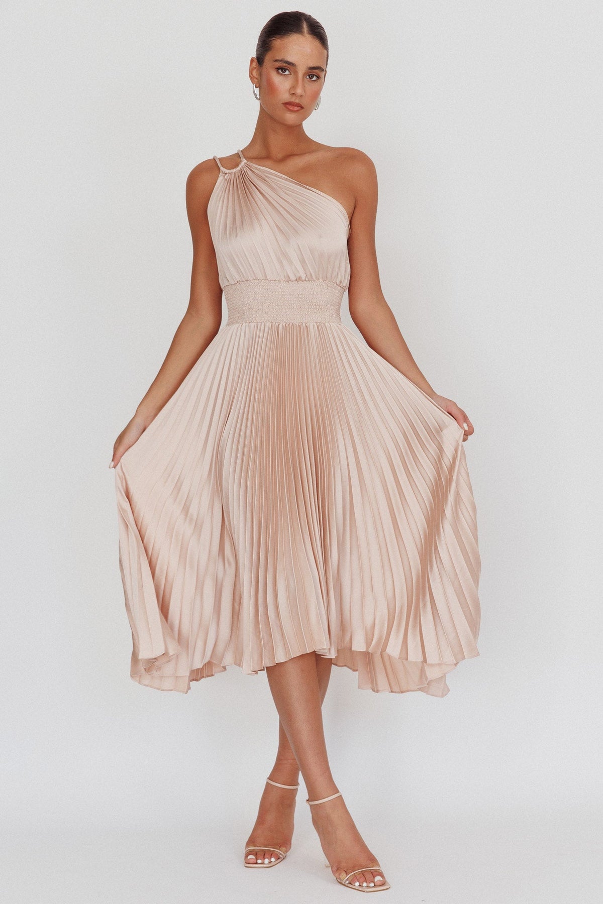 Calissa One Shoulder Pleated Midi Dress Champagne