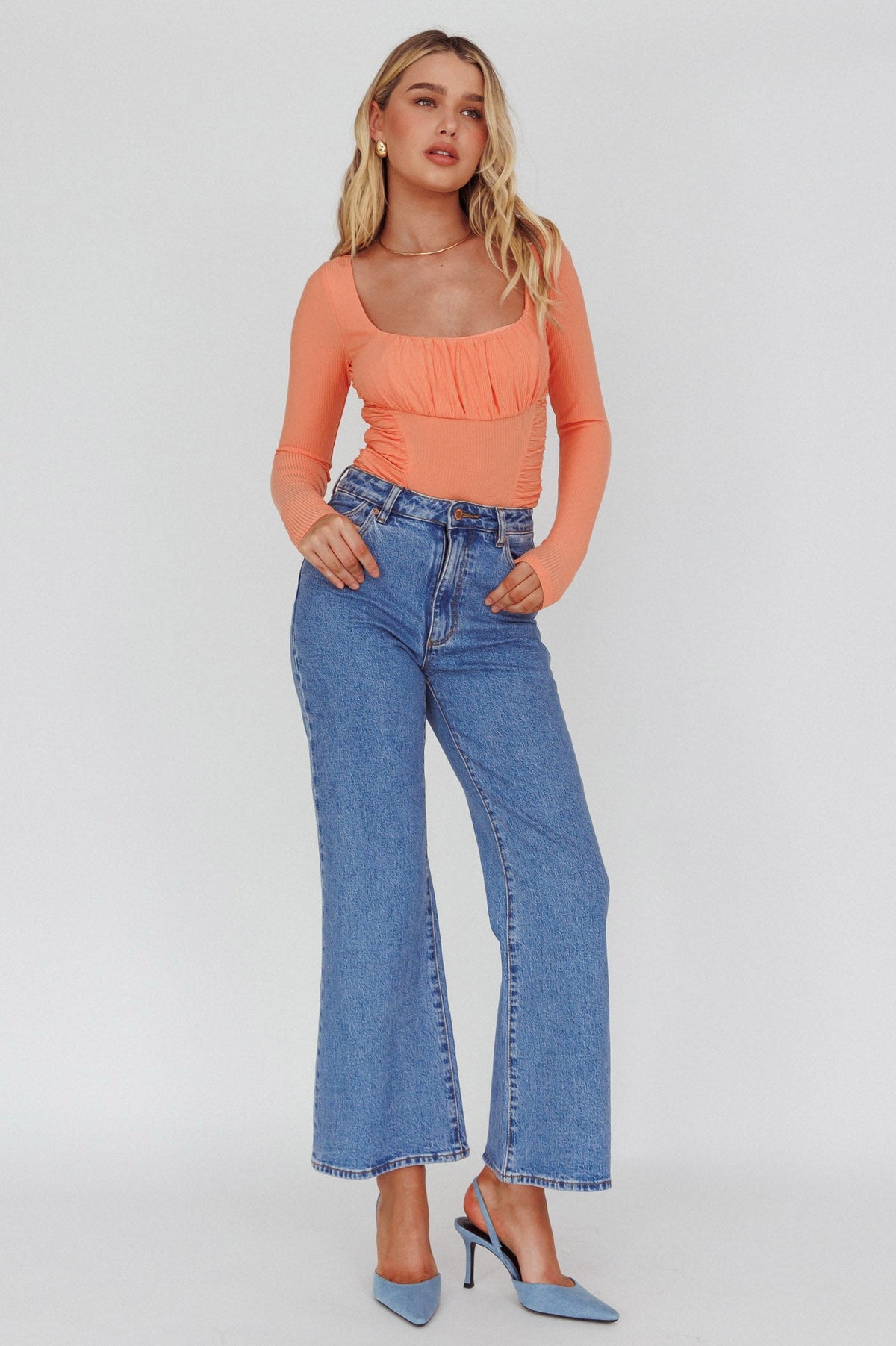 Bobbi Long Sleeve Ruched Side Ribbed Bodysuit Orange