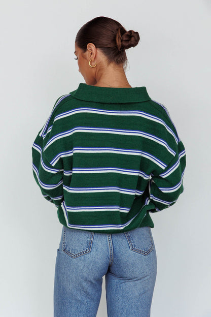 Boston Collared Knit Sweater Striped Forest Green
