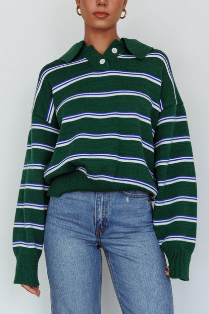 Boston Collared Knit Sweater Striped Forest Green