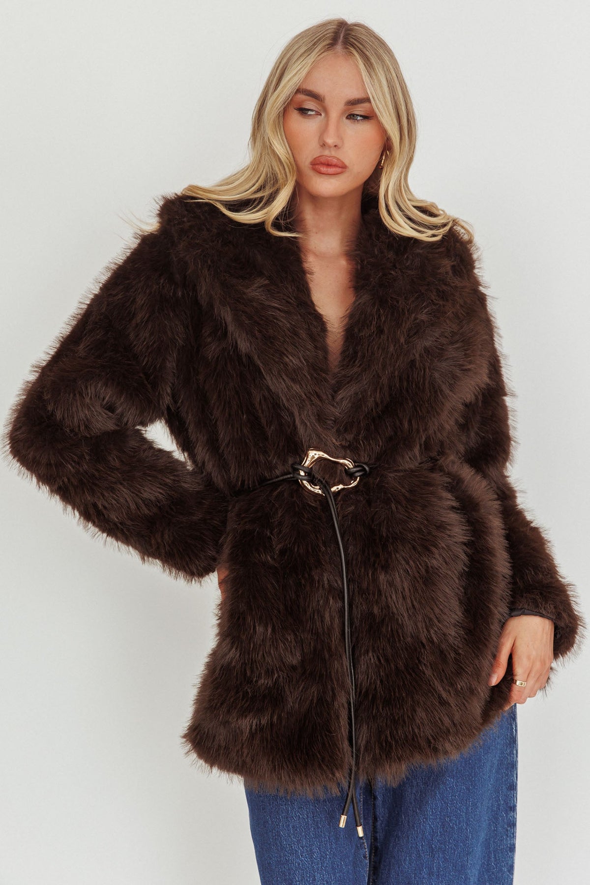 Brisa Belted Lapel Coat Faux Fur Brown