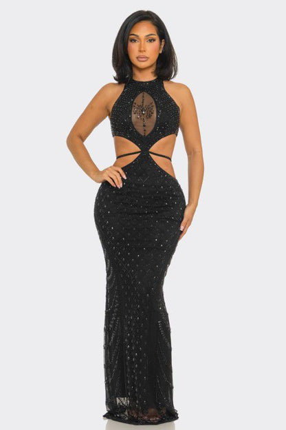 Luxe Radiance Rhinestone Cutout Maxi Dress - Black