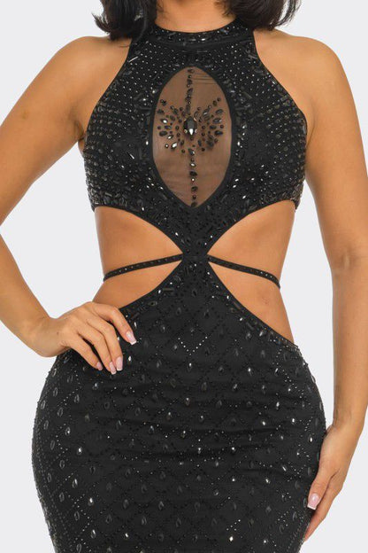 Luxe Radiance Rhinestone Cutout Maxi Dress - Black