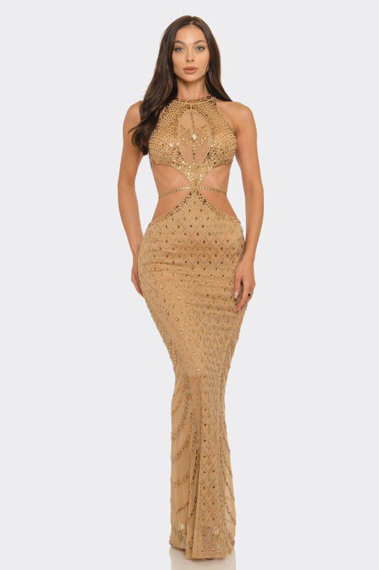 Luxe Radiance Rhinestone Cutout Maxi Dress - Brown
