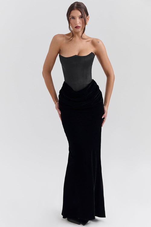 black velvet strapless corset maxi dress