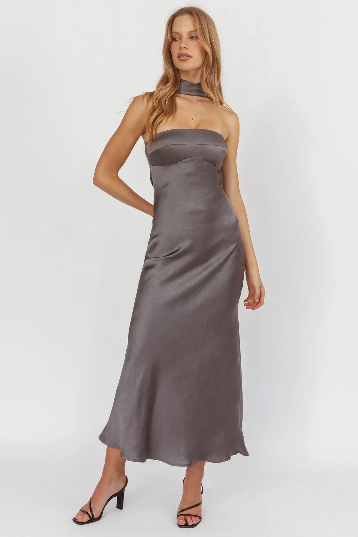 Damsel Reverse Halter Maxi Dress Satin Charcoal
