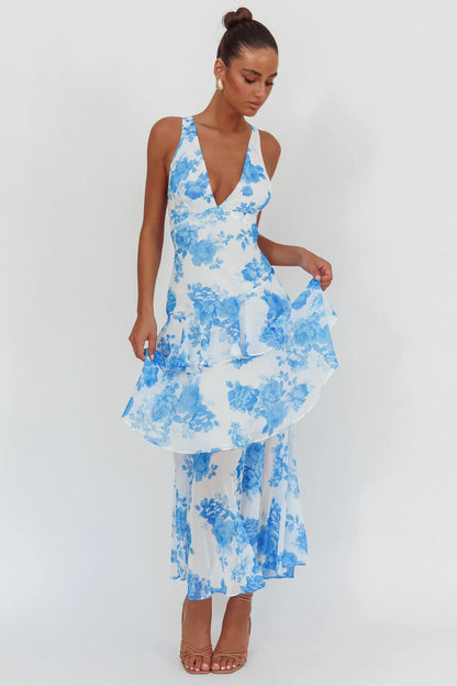 Veda Strappy Back Ruffle Maxi Dress Roses Blue