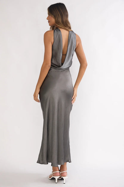 Damsel Reverse Halter Maxi Dress Satin Charcoal