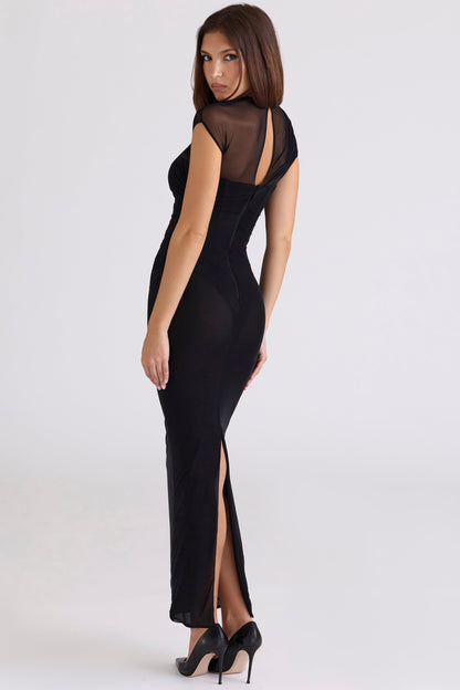 black draped mesh maxi dress