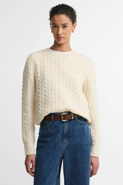 Barbour Ashdown Cable Knitted Jumper Ecru LKN1834 on model Shop Barbour at Dotique