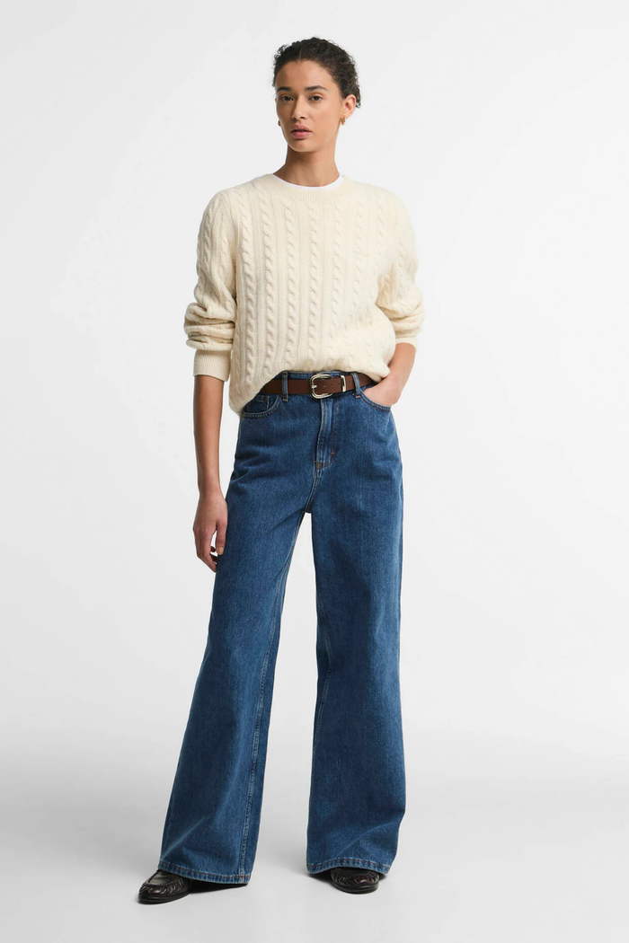 Barbour Ashdown Cable Knitted Jumper Ecru LKN1834 worn by model Shop Barbour at Dotique