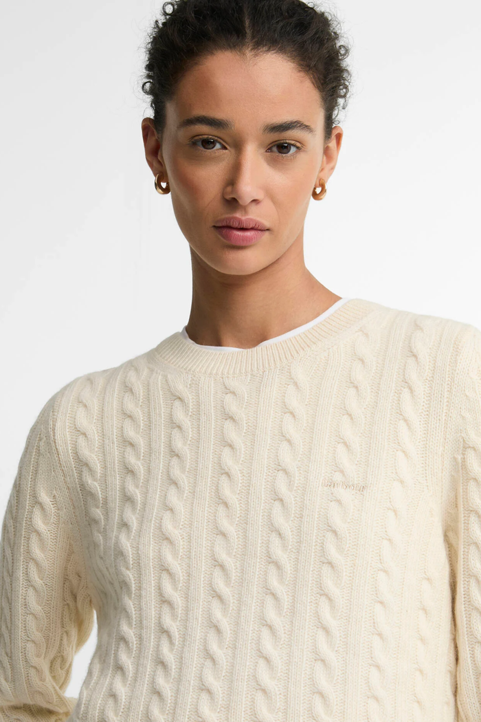 Barbour Ashdown Cable Knitted Jumper Ecru LKN1834 on model Shop Barbour at Dotique