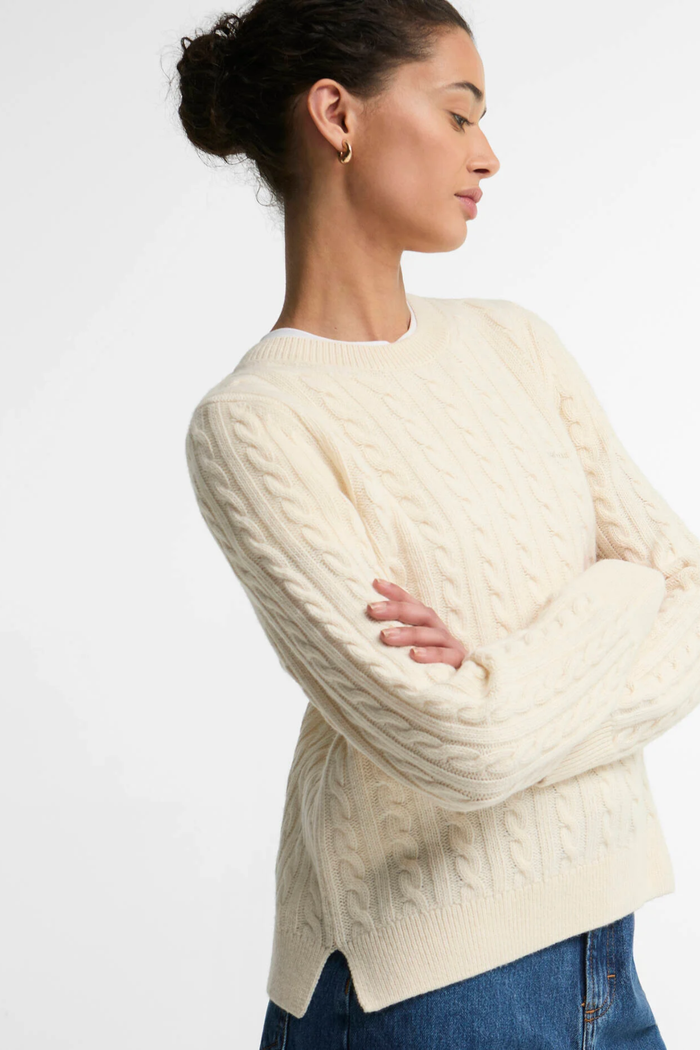 Barbour Ashdown Cable Knitted Jumper Ecru LKN1834 cream cable knit on model Shop Barbour at Dotique