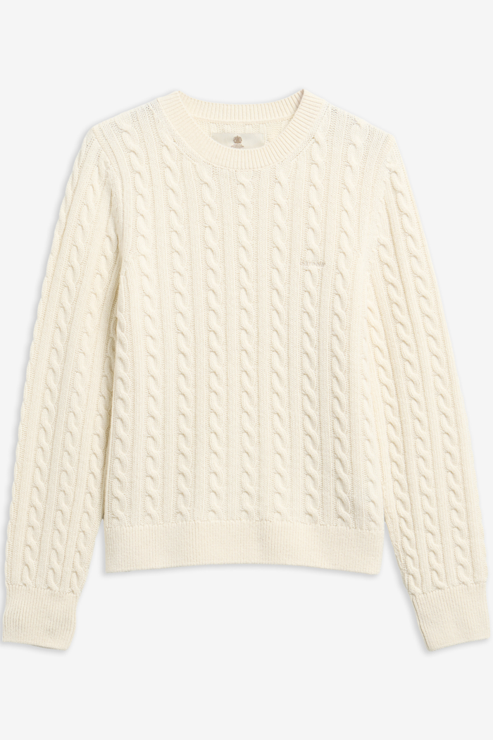 Barbour Ashdown Cable Knitted Jumper Ecru LKN1834 flat lay Shop Barbour at Dotique