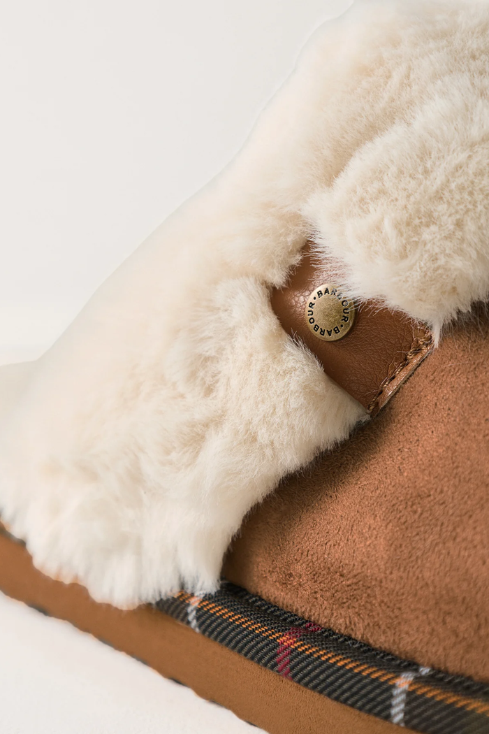 Barbour Claudia Mule Slipper Camel LSL0033 faux fur trim and tartan detail Shop Barbour at Dotique
