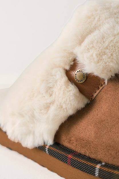 Barbour Claudia Mule Slipper Camel LSL0033 faux fur trim and tartan detail Shop Barbour at Dotique