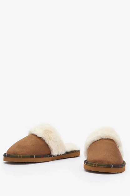 Barbour Claudia Mule Slipper Camel LSL0033 camel mule slippers side and front view Shop Barbour at Dotique