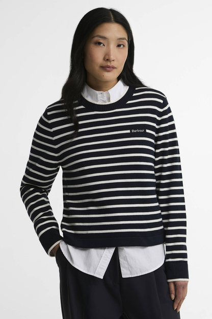 Barbour Emmy Knitted Jumper LKN1829 Darky Navy Stripe on model Shop Barbour at Dotique