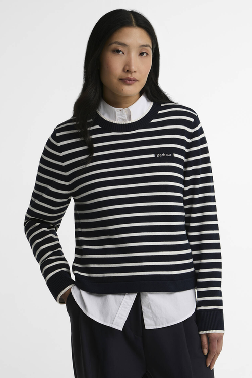 Barbour Emmy Knitted Jumper LKN1829 Darky Navy Stripe on model Shop Barbour at Dotique