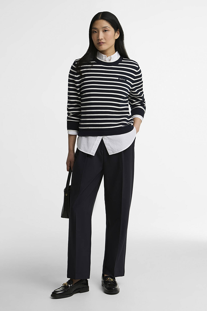Barbour Emmy Knitted Jumper LKN1829 Darky Navy Stripe on model Shop Barbour at Dotique