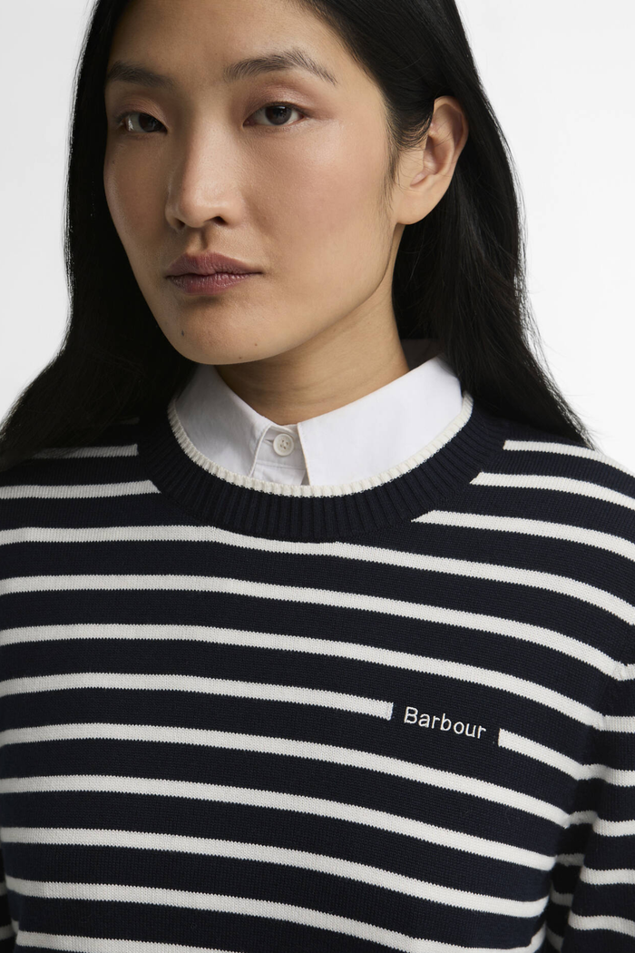 Barbour Emmy Knitted Jumper LKN1829 Darky Navy Stripe on model Shop Barbour at Dotique