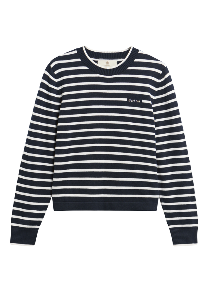 Barbour Emmy Knitted Jumper LKN1829 Darky Navy Stripe striped knit jumper front view Shop Barbour at Dotique