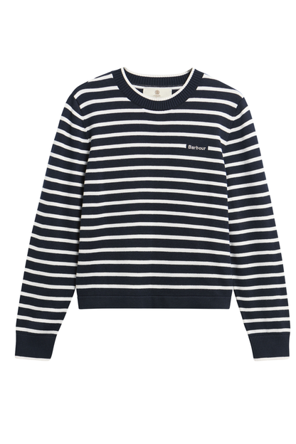 Barbour Emmy Knitted Jumper LKN1829 Darky Navy Stripe striped knit jumper front view Shop Barbour at Dotique