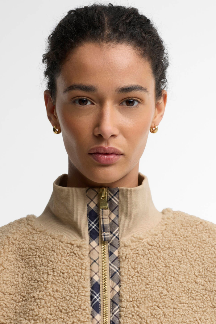 Barbour Fawne Fleece Warm Trench LFL0086 close up on model Shop Barbour at Dotique