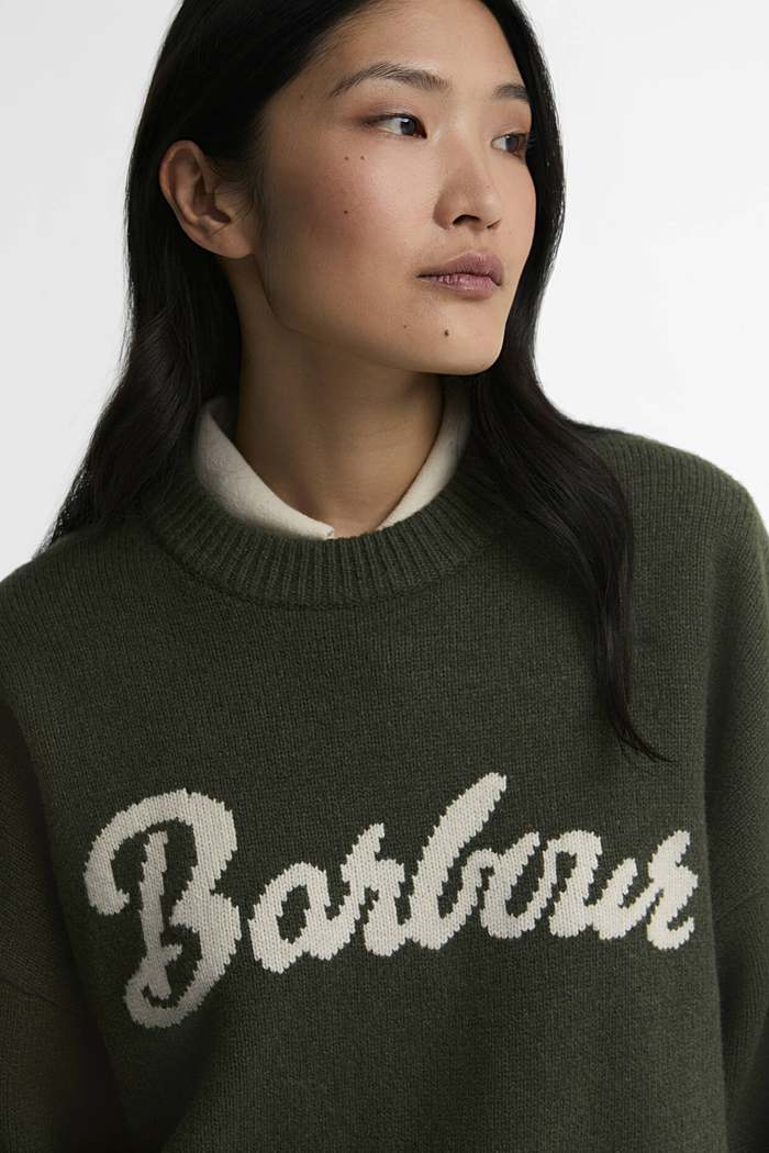 Barbour Ivybridge Knitted Jumper Olive LKN1792 worn by model Shop Barbour at Dotique