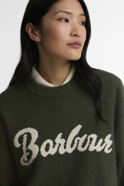 Barbour Ivybridge Knitted Jumper Olive LKN1792 worn by model Shop Barbour at Dotique