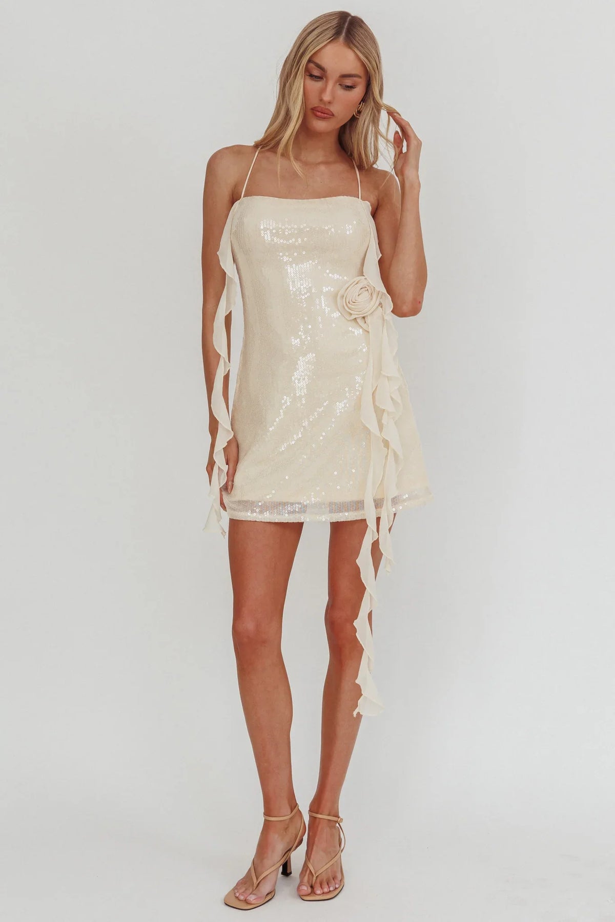 Standing Out Ruffle Rosette Trim Sequin Mini Dress Champagne