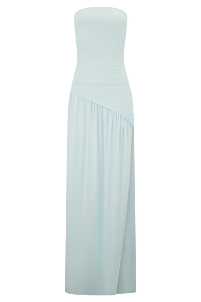 Bex Strapless Slinky Maxi Dress With Split - Pale Blue