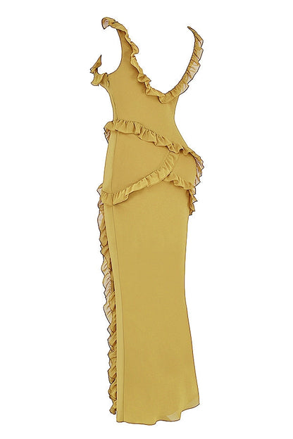 olive ruffle maxi dress