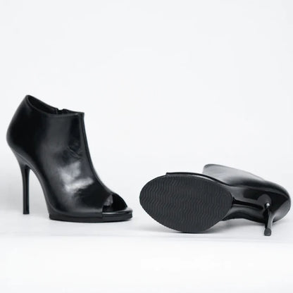 Black Peep-Toe High Heel Ankle Boots