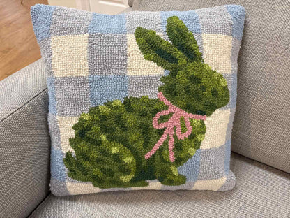 Bunny Topiary Hooked Wool Pillow