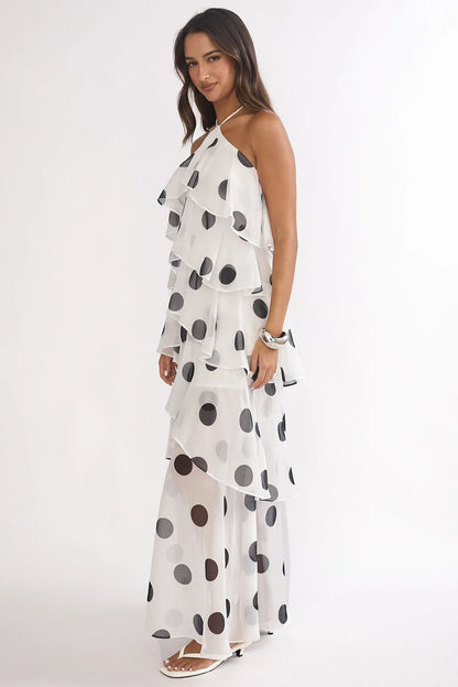 Darylyn Tiered Ruffle Maxi Dress Polka Dot White