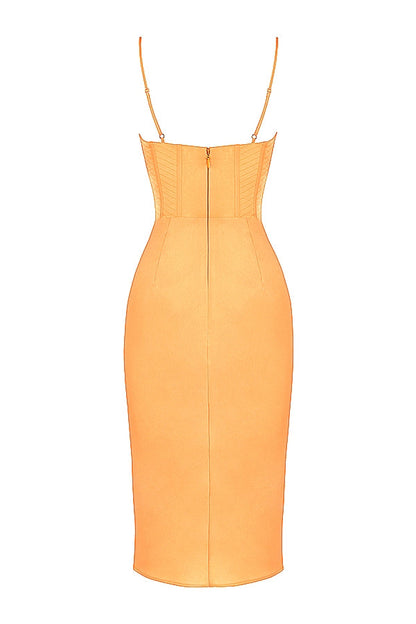 tangerine satin corset midi dress
