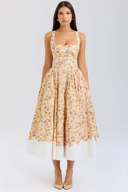 honeyflower print gathered cotton midi dress