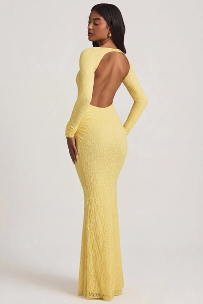 Ruched Backless Lace Maxi Dress in Pastel Yellow