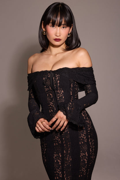 black off shoulder floral lace maxi dress