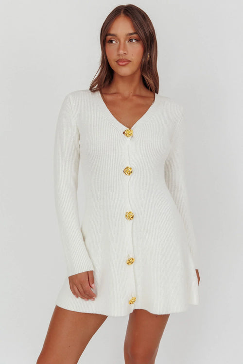 Irma Gold Button Knit Mini Dress White