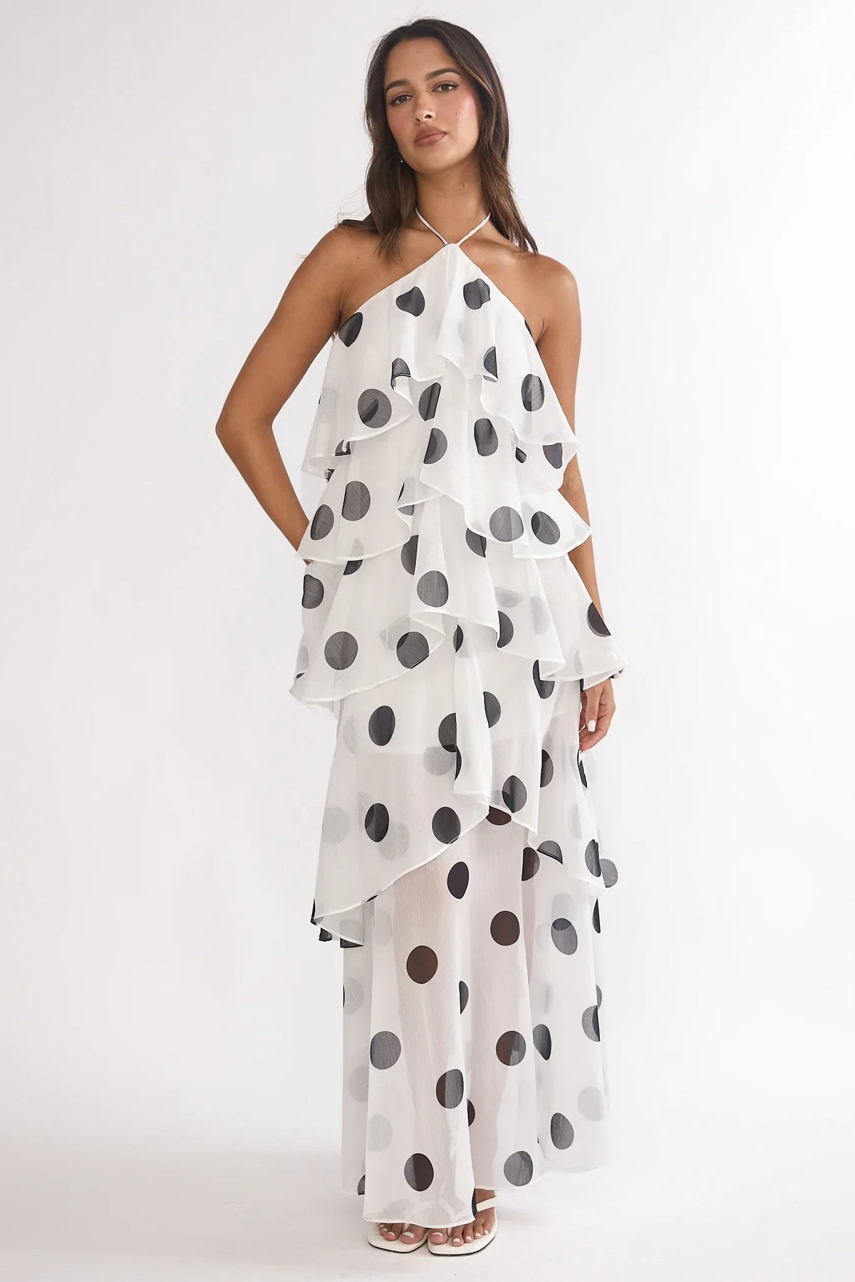 Darylyn Tiered Ruffle Maxi Dress Polka Dot White